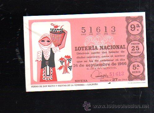 Lotteria Nationale Spagnola: BILLETE DE LOTERIA NACIONAL. SORTEO NUMERO 27 DE 1966.