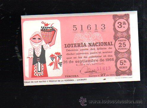 Lotteria Nationale Spagnola: BILLETE DE LOTERIA NACIONAL. SORTEO NUMERO 27 DE 1966.