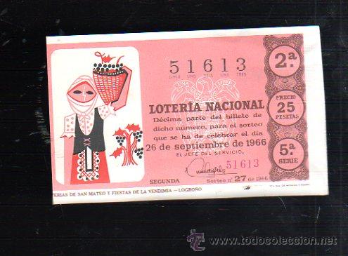 Lotteria Nationale Spagnola: BILLETE DE LOTERIA NACIONAL. SORTEO NUMERO 27 DE 1966.