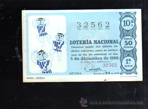 Lotteria Nationale Spagnola: BILLETE DE LOTERIA NACIONAL. SORTEO NUMERO 34 DE 1966.