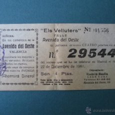 Lotería Nacional: PAPELETA DE LOTERIA EL GORDO, 22 DICIEMBRE 1961 - ELS VELLUTERS - FALLA AVENIDA DEL OESTE, Nº001556. Lote 48641213