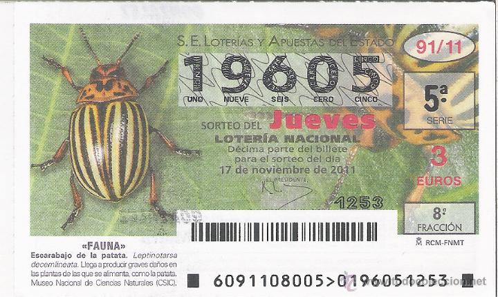 Lotaria Nacional: 1 DECIMO LOTERIA DEL JUEVES - 17 NOVIEMBRE 2011 - 91/11 - FAUNA - INSECTOS - ESCARABAJO DE LA PATATA