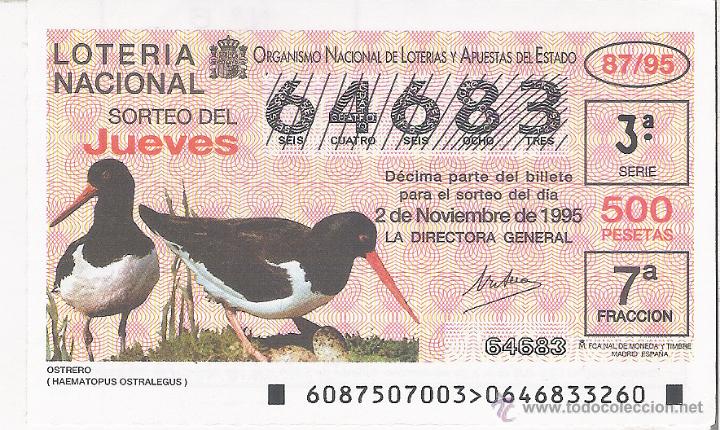 Nationale spanische Lotterie: 1 DECIMO LOTERIA DEL JUEVES - 2 NOVIEMBRE 1995 - 87/95 - FAUNA - AVES O PAJAROS - OSTRERO