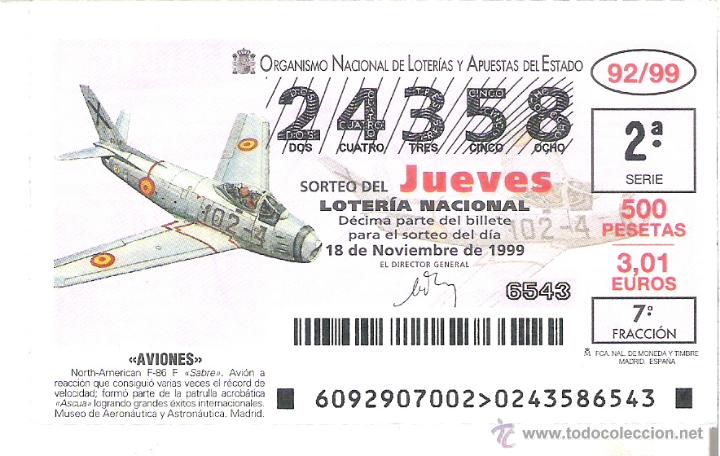 Lotaria Nacional: 1 DECIMO LOTERIA DEL JUEVES - 18 NOVIEMBRE 1999 - 92/99 - AVIONES - NORT-AMEREICAN F-86 F SABRE