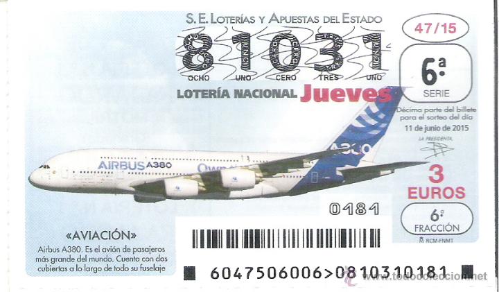 Lotaria Nacional: 1 DECIMO LOTERIA DEL JUEVES 11 JUNIO 2015 47/15 - AVIACION - AVIONES - AVION AIRBUS 300 ( PASAJEROS