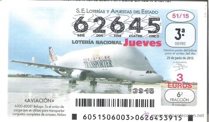 Nationale spanische Lotterie: 1 DECIMO LOTERIA DEL JUEVES - 25 JUNIO 2015 - 51/15 - AVIACION - AVIONES - AVION A300-600ST BELUGA