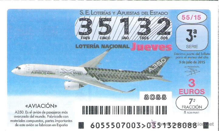 Nationale spanische Lotterie: 1 DECIMO LOTERIA DEL JUEVES - 9 JULIO 2015 - 55/15 - AVIACION - AVIONES - AVION A350