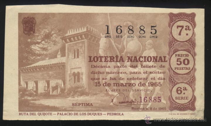 Loter&iacute;a nacional: A-1824- DECIMO LOTERIA NACIONAL. 1965. RUTA DEL QUIJOTE. PALACIO DE LOS DUQUES. PEDROLA (ZARAGOZA).