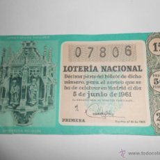 Lotería Nacional: LOTERIA NACIONAL NÚMERO 07806 DEL 5 JUNIO 1961 ORFEBRERIA RELIGIOSA
