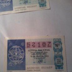 Lotería Nacional: DÉCIMO DE LA LOTERÍA NACIONAL Nº 52187 FRAC 4 SER 16. 16 ABRIL 1983. ESFERA ARMILAR