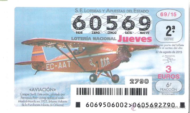 Lotaria Nacional: 1 DECIMO LOTERIA DEL JUEVES - 27 AGOSTO 2015 - 69/15 AVIACION - AVIONES - AVION CAMPER SWIFT