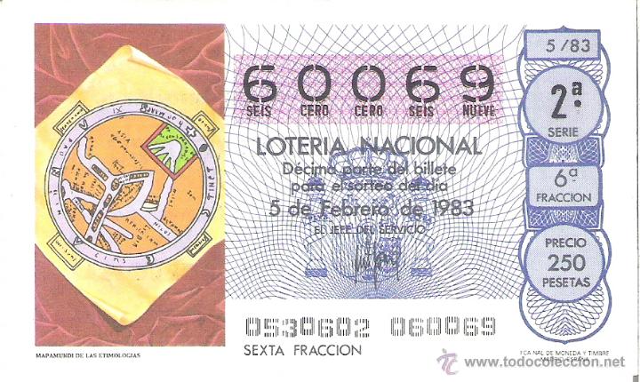 Loterie Nationale: 1 DECIMO LOTERIA DEL SABADO - 5 FEBRERO 1983 - 5/83 - MAPAMUNDI DE LAS ETIMOLOGIAS