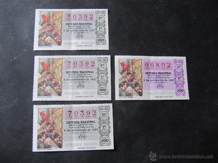 National Spanish Lottery: 4 DECIMOS DE LOTERIA NACIONAL 8 DE NOVIEMBRE 1980. 2 NUMEROS
