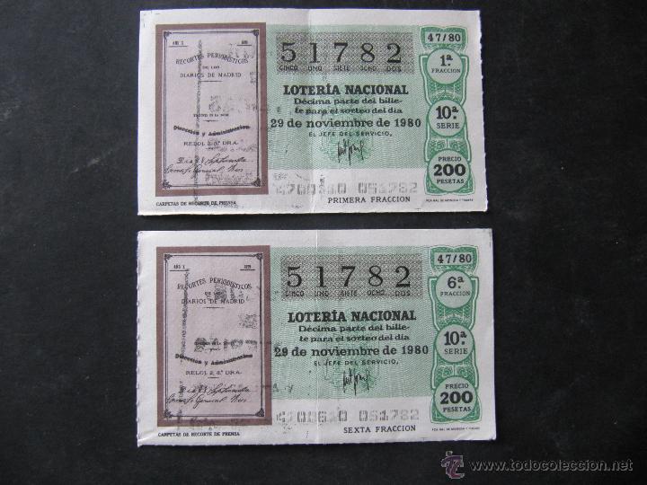 National Spanish Lottery: 2 DECIMOS DE LOTERIA. 29 DE NOVIEMBRE 1980