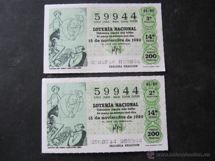 National Spanish Lottery: 2 DECIMOS DE LOTERIA NACIONAL. 15 DE NOVIEMBRE 1980
