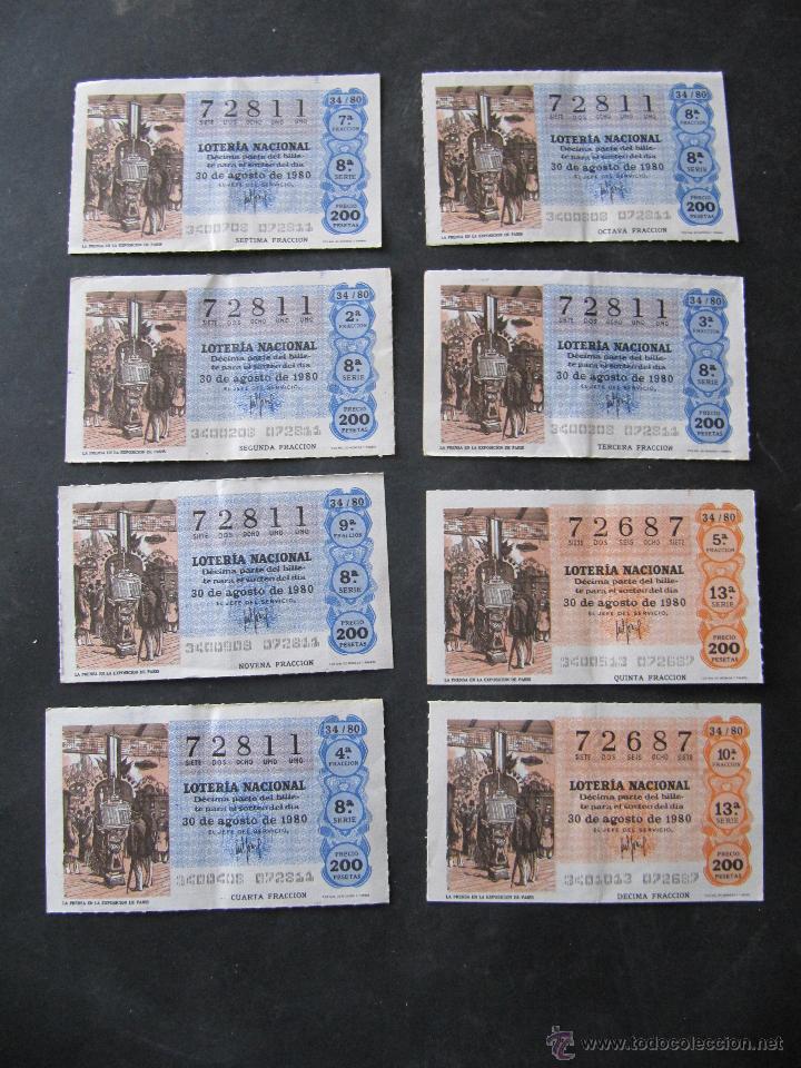 National Spanish Lottery: 8 DECIMOS DE LOTERIA NACIONAL. 2 NUMEROS. 30 AGOSTO 1980