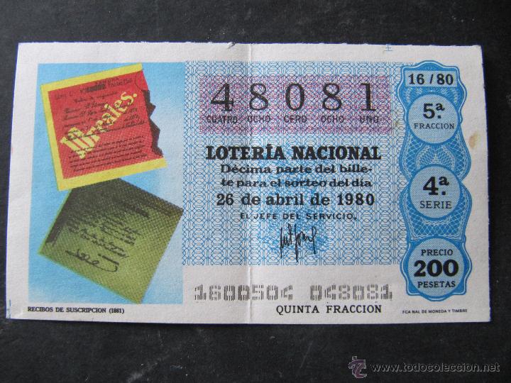 National Spanish Lottery: DECIMO DE LOTERIA NACIONAL. 26 DE ABRIL 1980.
