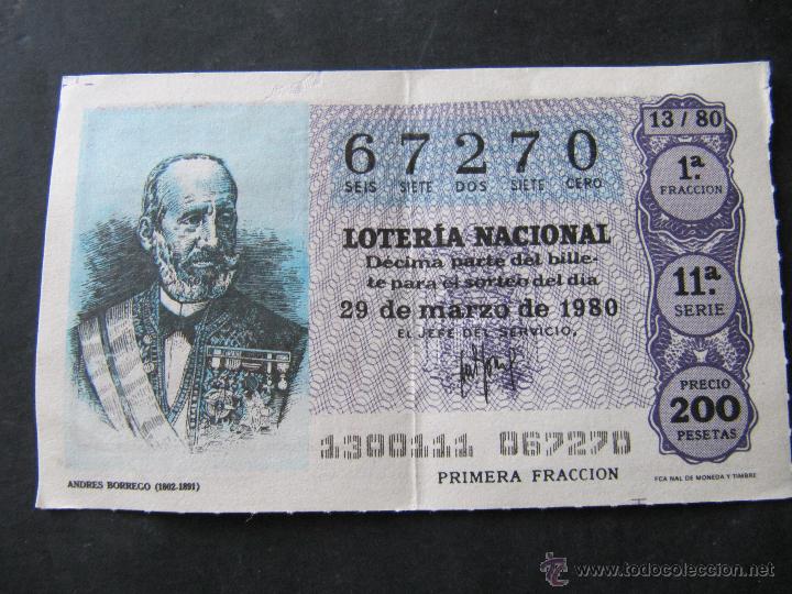Loter&iacute;a Nacional: DECIMO LOTERIA NACIONAL. 29 DE MARZO 1980. ANDRES BORREGO