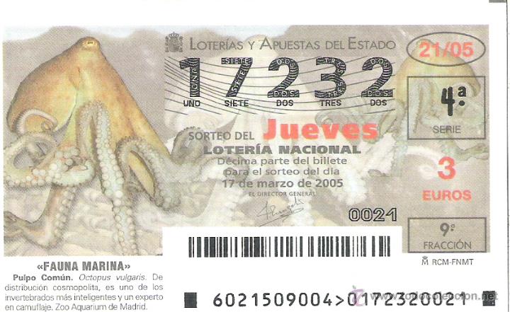 National Spanish Lottery: 1 DECIMO LOTERIA DEL JUEVES - 17 MARZO 2005 - 21/05 - FAUNA MARINA ( PULPO COMUN )