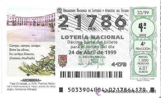 Nationale spanische Lotterie: 1 DECIMO LOTERIA DEL SABADO - 24 ABRIL 1999 - 33/99 - PLAZA OCHAVADA - ARCHIDONA ( MALAGA )