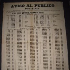 Lotería Nacional: LISTA LOTERIA - AVISO AL PUBLICO -SORTEO 18-AÑO 1865 - ORIGINAL-MIDE 49X 66 CM - VER FOTOS -(V-5502)