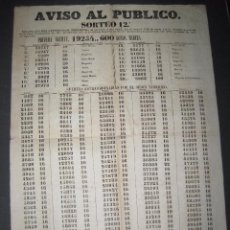 Lotería Nacional: LISTA LOTERIA - AVISO AL PUBLICO -SORTEO 12-AÑO 1865 - ORIGINAL-MIDE 49X 66 CM - VER FOTOS -(V-4247). Lote 54263480