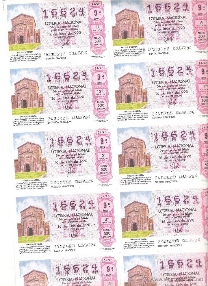 Lotaria Nacional: 1 BILLETE LOTERIA DEL SABADO - 16 JUNIO 1990 24/90 IGLESIA SANTA CRISTINA - POLA DE LENA ( ASTURIAS