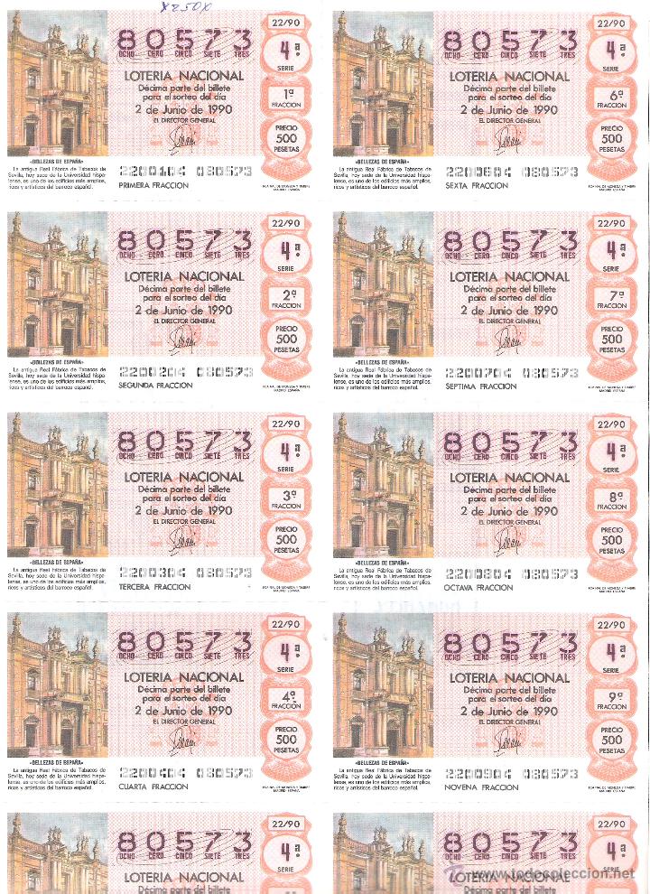 Lotaria Nacional: 1 BILLETE LOTERIA DEL SABADO 2 JUNIO 1990 22/90 ANTIGUA FABRICA DE TABACOS HOY UNIVERSIDAD SEVILLA