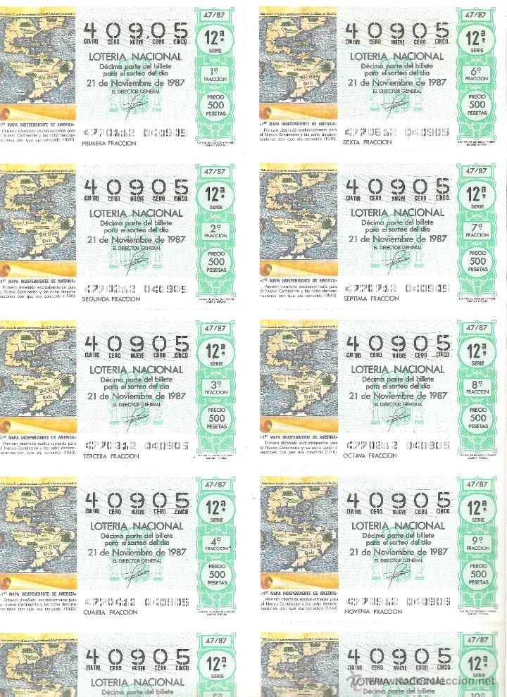 Lotaria Nacional: 1 BILLETE LOTERIA DEL SABADO 21 NOVIEMBRE 1987 - 47/87 - PRIMER MAPA INDEPENDIENTE DE AMERICA