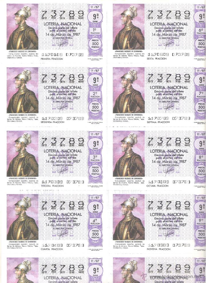 Lotaria Nacional: 1 BILLETE LOTERIA DEL SABADO - 14 MARZO 1987 - 11/87 - FRANCISCO VAZQUEZ DE CORONADO