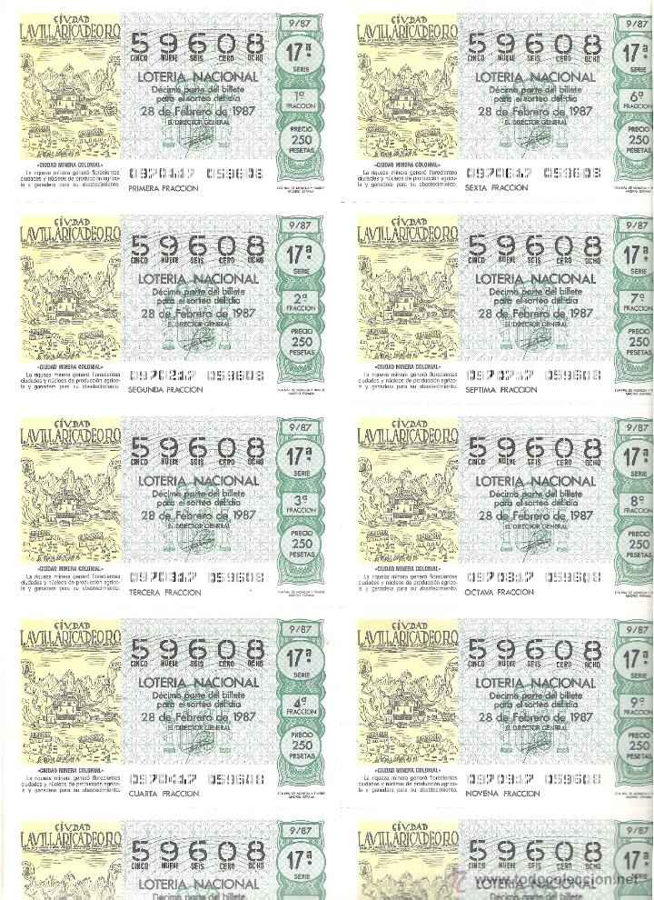 Lotaria Nacional: 1 BILLETE LOTERIA DEL SABADO - 28 FEBRERO 1987 - 9/87 - CIUDAD MINERA COLONIAL