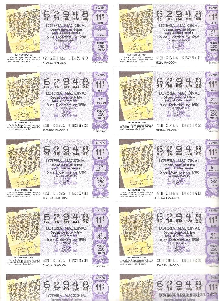 Lotaria Nacional: 1 BILLETE LOTERIA DEL SABADO - 6 DICIEMBRE 1986 - 49/86 - REAL PROVISION 1492