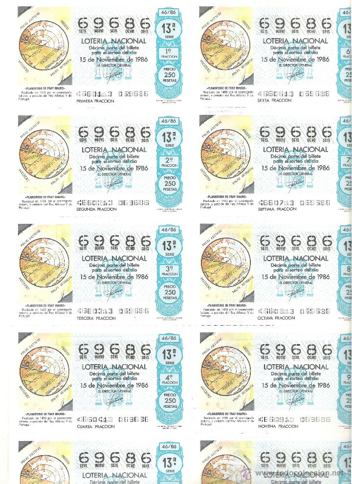 Lotaria Nacional: 1 BILLETE LOTERIA DEL SABADO -15 NOVIEMBRE 1986 - 46/86 - PLANISFERIO DE FRAY MAURO