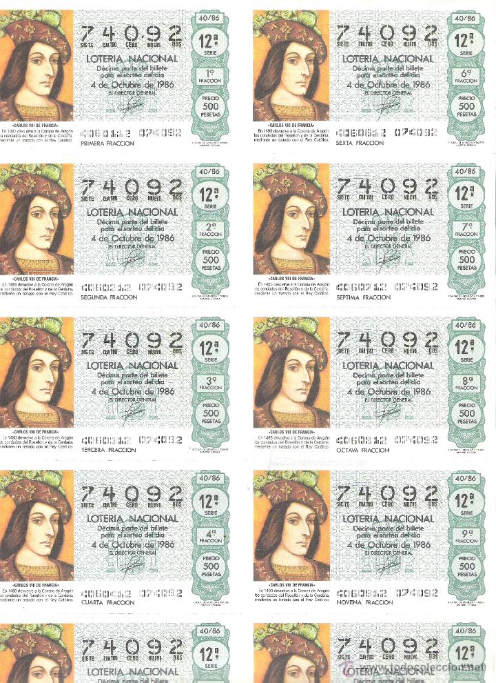 Lotaria Nacional: 1 BILLETE LOTERIA DEL SABADO - 4 OCTUBRE 1986 - 40/86 - REYES CATOLICOS - CARLOS VIII DE FRANCIA