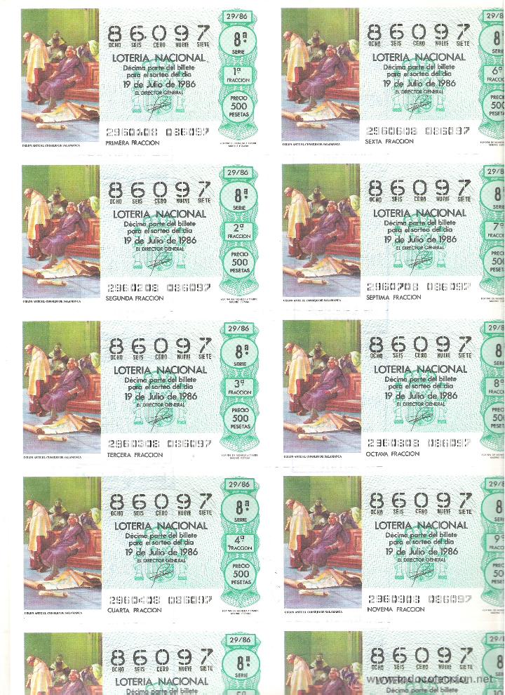 Loter&iacute;a Nacional: 1 BILLETE LOTERIA DEL SABADO -19 JULIO 1986 - 29/86 - CRISTOBAL COLON ANTE EL CONSEJO DE SALAMANCA