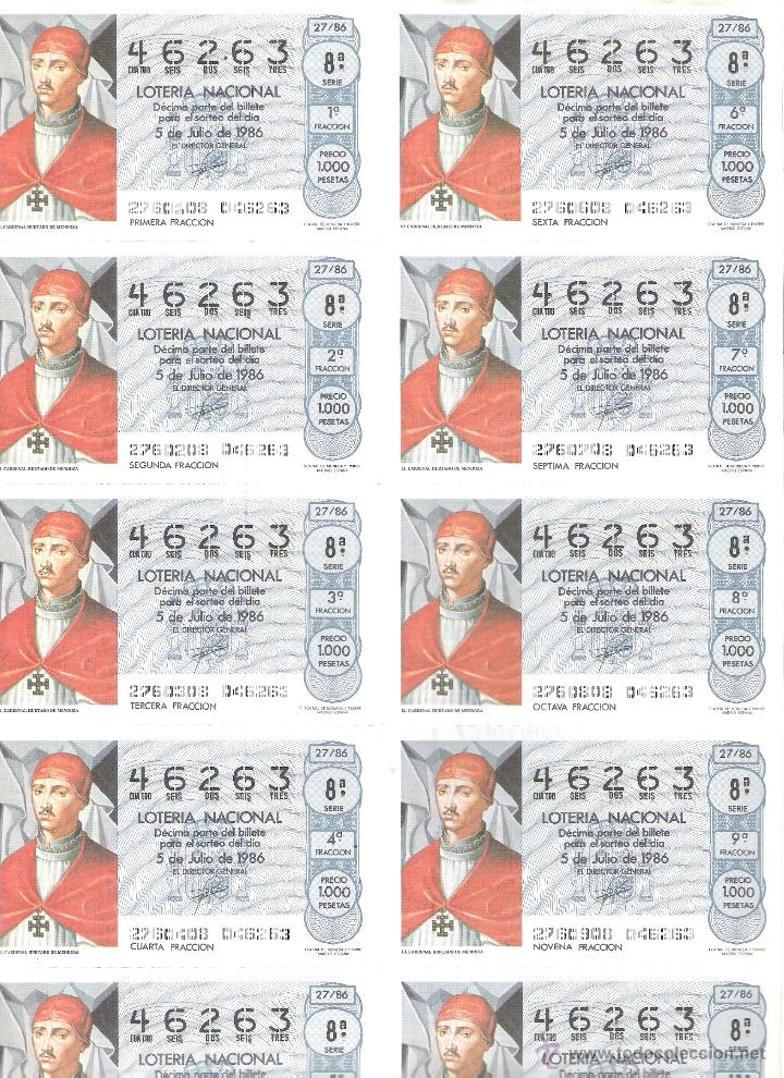 Lotaria Nacional: 1 BILLETE LOTERIA DEL SABADO - 5 JULIO 1986 - 27/86 - EL CARDENAL HURTADO DE MENDOZA