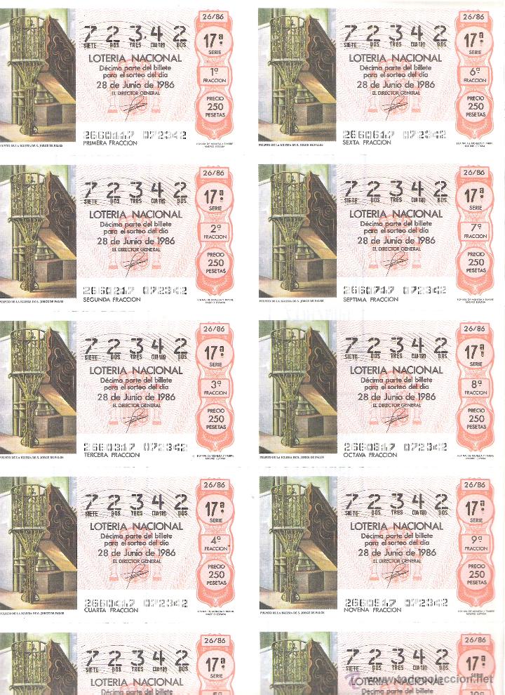 Nationale spanische Lotterie: 1 BILLETE LOTERIA SABADO 28 JUNIO 1986 26/86 PULPITO IGLESIA SAN JORGE DE PALOS FRONTERA - HUELVA