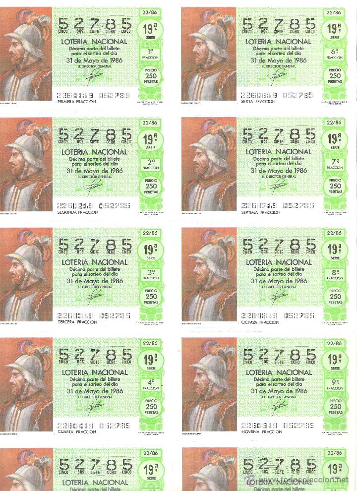 Nationale spanische Lotterie: 1 BILLETE LOTERIA DEL SABADO - 31 MAYO 1986 - 22/86 - BARTOLOME COLON