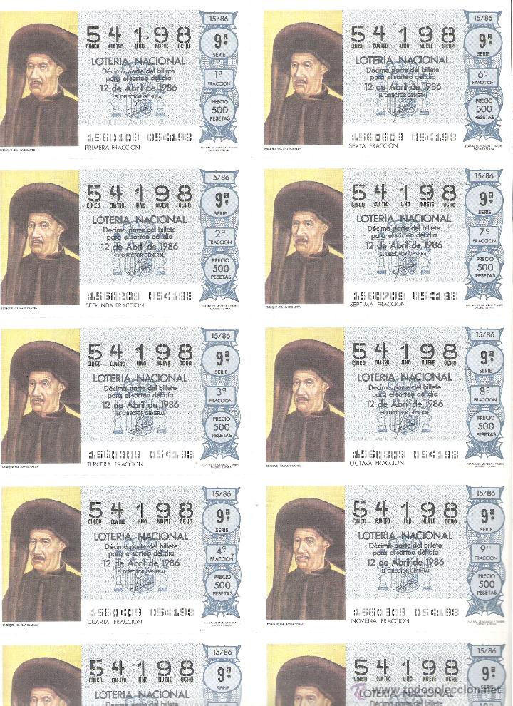 Lotaria Nacional: 1 BILLETE LOTERIA DEL SABADO - 12 ABRIL 1986 - 15/86 - ENRIQUE EL NAVEGANTE
