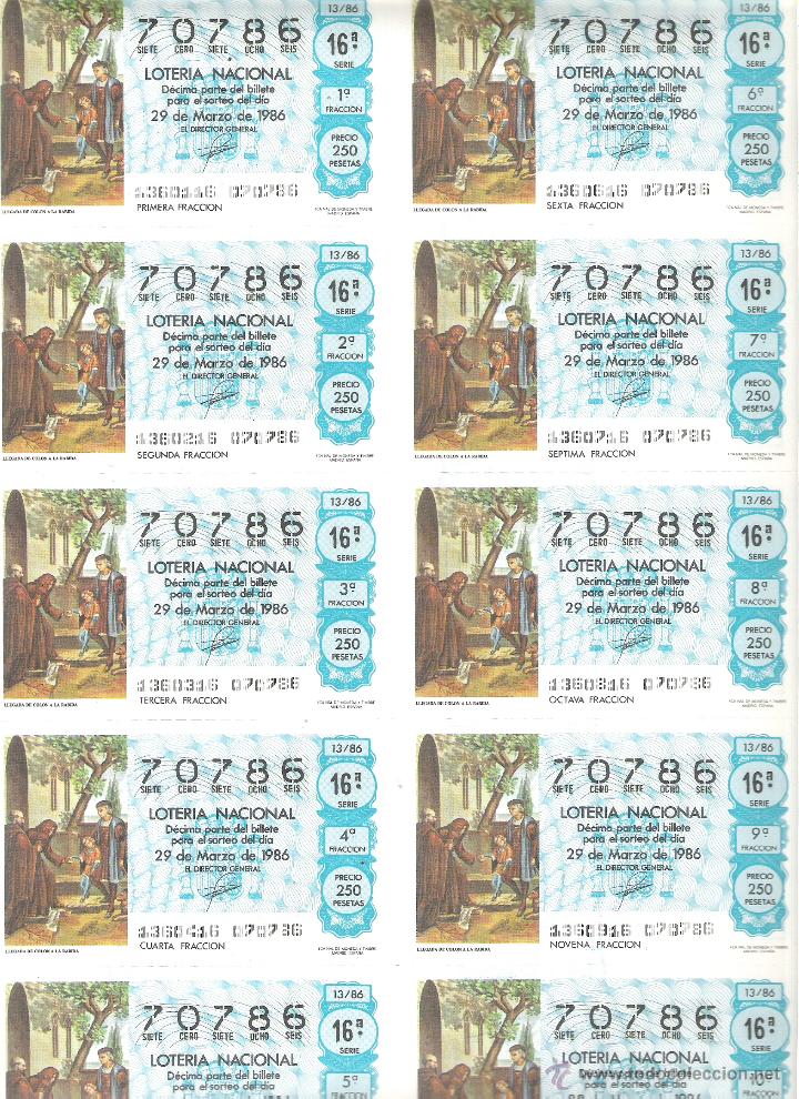Nationale spanische Lotterie: 1 BILLETE LOTERIA DEL SABADO - 29 MARZO 1986 - 13/86 - LLEGADA DE COLON A LA RABIDA
