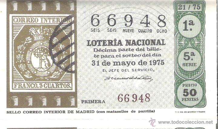 Loterie Nationale: 1 DECIMO LOTERIA DEL SABADO - 31 MAYO 1975 - 21/75 - SELLO CORREO INTERIOR DE MADRID
