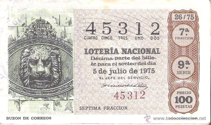 Lotaria Nacional: 1 DECIMO LOTERIA DEL SABADO - 5 JULIO 1975 - 26/75 - BUZON DE CORREOS