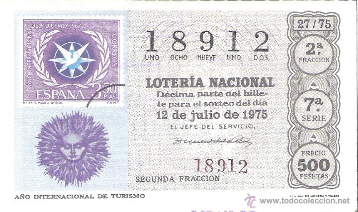 Loterie Nationale: 1 DECIMO LOTERIA DEL SABADO - 12 JULIO 1975 - 27/75 - A&Ntilde;O INTERNACIONAL DEL TURISMO