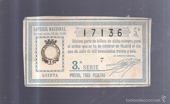 Loter&iacute;a nacional: BILLETE. DE LOTERIA NACIONAL. SORTEO N&ordm; 19 DE 1936. QUINTA. 3&ordf; SERIE.