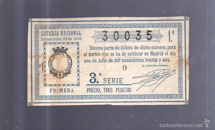 Loter&iacute;a nacional: BILLETE. DE LOTERIA NACIONAL. SORTEO N&ordm; 19 DE 1936. PRIMERA. 3&ordf; SERIE.