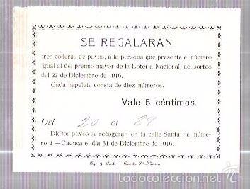 National Spanish Lottery: PUERTO SANTA MARIA. 1916. SORTEO DE TRES COLLERAS DE PAVO.