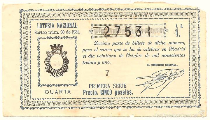 DÉCIMO PRIMERA SERIE 5 PESETAS - SORTEO Nº 30 DE 21 OCTUBRE 1931 - Nº 27531 - ADMÓN. VALENCIA (Coleccionismo - Lotería Nacional)
