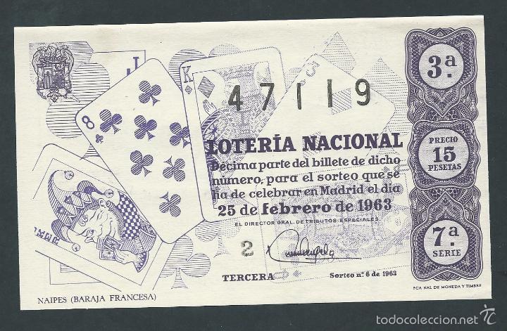 National Spanish Lottery: decimo loteria nacional 25 de febrero a&ntilde;o 1963 sorteo n 6 naipes (baraja francesa)