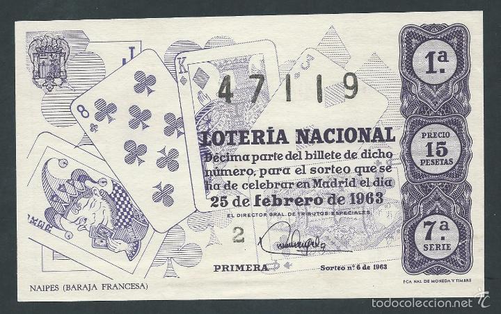 National Spanish Lottery: decimo loteria nacional 25 de febrero a&ntilde;o 1963 sorteo n 6 naipes (baraja francesa)