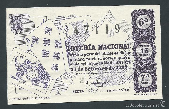 National Spanish Lottery: decimo loteria nacional 25 de febrero a&ntilde;o 1963 sorteo n 6 naipes (baraja francesa)